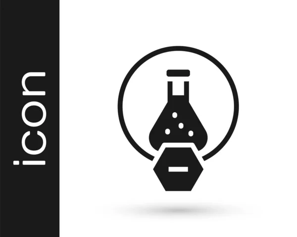 Czarna probówka i ikona badania chemicznego kolby wyizolowana na białym tle. Szkło laboratoryjne. Wektor — Wektor stockowy