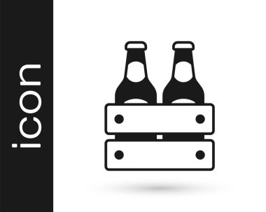 Beyaz arka planda izole edilmiş siyah bira şişesi ikonu sürüsü. Tahta kutu ve bira şişeleri. Kutu bira kutusu tabelası. Vektör