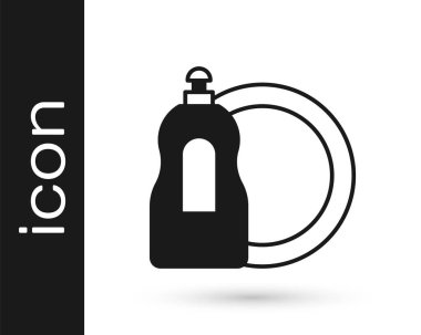 Siyah bulaşık deterjanı ve beyaz arka planda izole edilmiş tabak ikonu. Bulaşık yıkamak için sıvı deterjan. Vektör