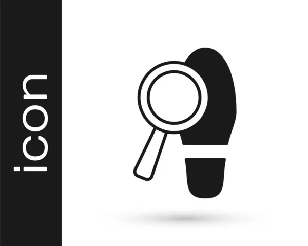 Black Magnifying glass with footsteps icon isolated on white background. Detective is investigating. To follow in the footsteps. Vector — Stock Vector