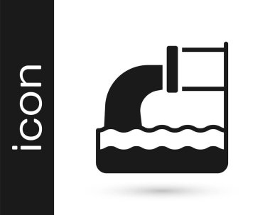 Beyaz arkaplanda siyah atık su simgesi izole edildi. Kanalizasyon borusu. Borudan nehre sıvı akıyor. Vektör