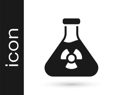 Siyah Labaratuvar kimyasal deney şişesi. Beyaz arka planda zehirli sıvı ikonu var. Biyolojik tehlike sembolü. Radyasyon ikonu olan tehlikeli bir sembol. Vektör