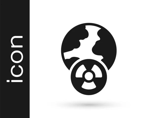 Czarna planeta Ziemia i ikona symbolu promieniowania izolowane na białym tle. Koncepcja środowiskowa. Wektor — Wektor stockowy