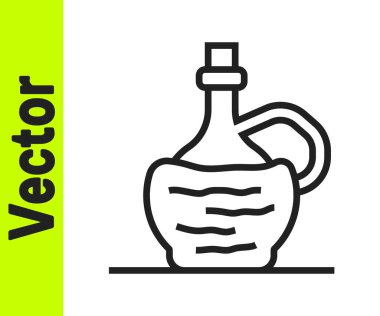 Beyaz arka planda izole edilmiş İtalyan fiyasko şişe ikonundaki siyah çizgi şarabı. Rattan standında şarap şişesi. Vektör