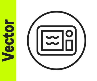 Beyaz zemin üzerinde siyah çizgi mikrodalga fırın ikonu izole edildi. Ev aletleri simgesi. Mikrodalgada ısıtılabilir. Vektör