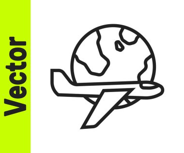 Uçan uçak ikonuna sahip siyah çizgi Globe beyaz arka planda izole edildi. Uçak Dünya 'nın etrafında uçuyor. Uçak dünyası ikonu. Vektör