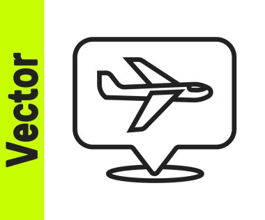 Siyah çizgi düzlem simgesi beyaz arkaplanda izole edildi. Uçan uçak ikonu. Uçak tabelası. Vektör