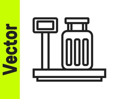 Beyaz arkaplanda izole edilmiş bavul simgesiyle siyah çizgi ölçeklendirmesi. Lojistik ve teslimat. Dağıtım paketinin ağırlığı bir ölçekte. Vektör