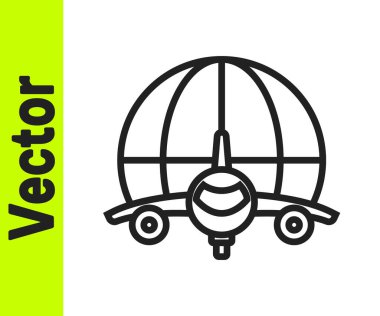 Uçan uçak ikonuna sahip siyah çizgi Globe beyaz arka planda izole edildi. Uçak Dünya 'nın etrafında uçuyor. Uçak dünyası ikonu. Vektör