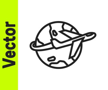 Uçan uçak ikonuna sahip siyah çizgi Globe beyaz arka planda izole edildi. Uçak Dünya 'nın etrafında uçuyor. Uçak dünyası ikonu. Vektör