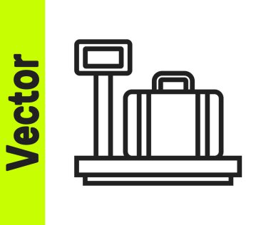 Beyaz arkaplanda izole edilmiş bavul simgesiyle siyah çizgi ölçeklendirmesi. Lojistik ve teslimat. Dağıtım paketinin ağırlığı bir ölçekte. Vektör