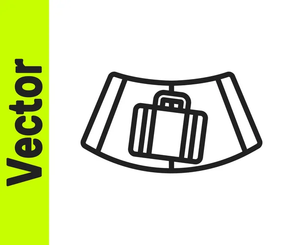 Ligne noire Courroie transporteuse d'aéroport avec bagages passagers, valise, sac, icône de bagage isolé sur fond blanc. Vecteur — Image vectorielle