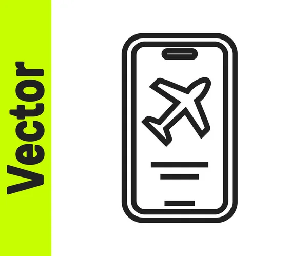 Linha preta Smartphone com cartão eletrônico de embarque ícone bilhete de avião isolado no fundo branco. Passageiro avião bilhete móvel para web e app. Vetor — Vetor de Stock