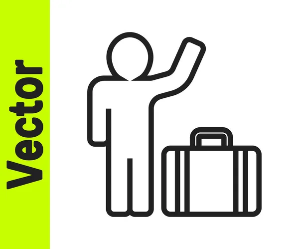 Schwarze Linie Tourist mit Koffer-Symbol isoliert auf weißem Hintergrund. Reisen, Urlaub, Tourismuskonzept. Vektor — Stockvektor