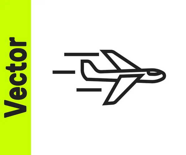 Icono plano de línea negra aislado sobre fondo blanco. Icono del avión volador. Firma del avión. Vector — Vector de stock