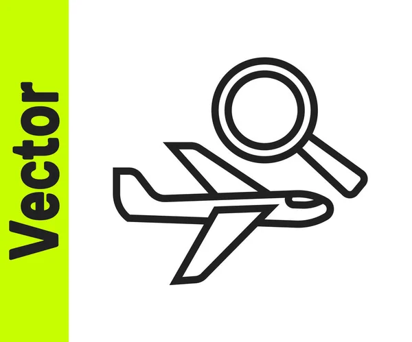 Schwarze Linie Flugzeug Suche Symbol isoliert auf weißem Hintergrund. Vektor — Stockvektor