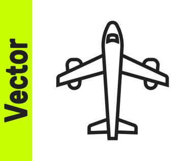Siyah çizgi düzlem simgesi beyaz arkaplanda izole edildi. Uçan uçak ikonu. Uçak tabelası. Vektör