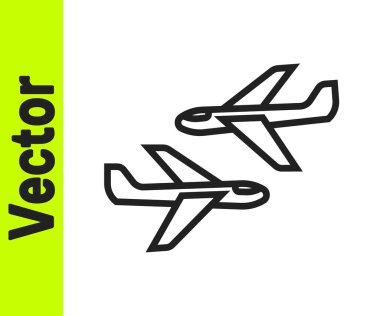 Siyah çizgi düzlem simgesi beyaz arkaplanda izole edildi. Uçan uçak ikonu. Uçak tabelası. Vektör