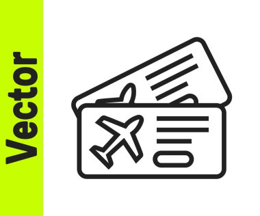 Siyah hat uçak bileti ikonu beyaz arka planda izole edildi. Uçak bileti. Vektör