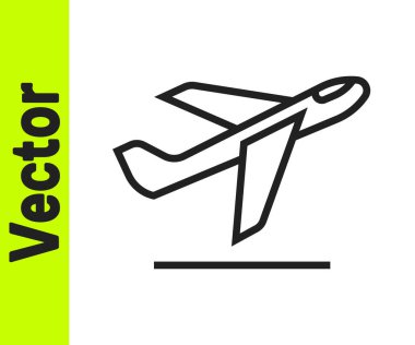 Siyah çizgi uçak kalkış ikonu beyaz arka planda izole edildi. Uçak taşıma sembolü. Vektör