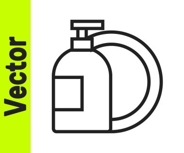 Siyah çizgili bulaşık deterjanı şişesi ve plaka simgesi beyaz arka planda izole edilmiş. Bulaşık yıkamak için sıvı deterjan. Vektör