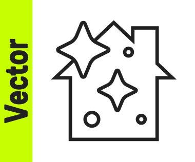 Siyah çizgi ev temizlik hizmeti konsepti simgesi beyaz arkaplanda izole edildi. Bina ve ev. Vektör