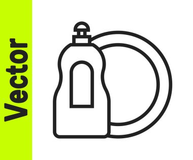 Siyah çizgili bulaşık deterjanı şişesi ve plaka simgesi beyaz arka planda izole edilmiş. Bulaşık yıkamak için sıvı deterjan. Vektör