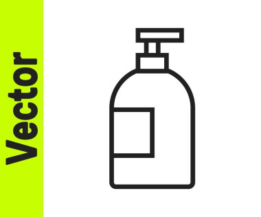 Siyah çizgi, beyaz arka planda izole edilmiş sıvı şişe ikonu. Bulaşık yıkamak için sıvı deterjan. Vektör
