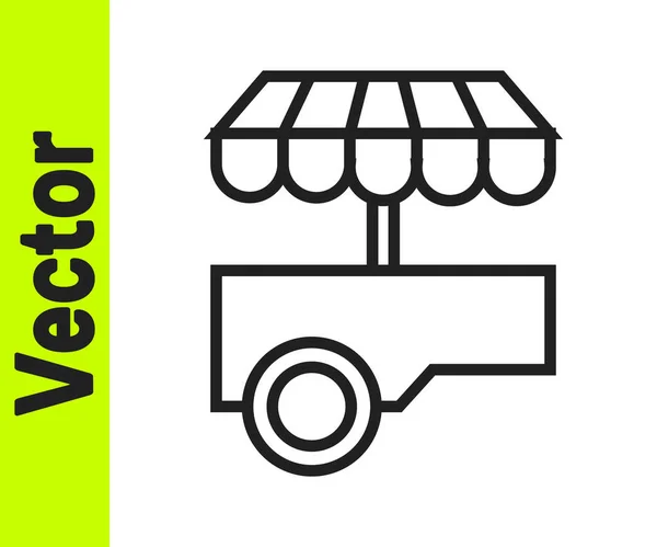 Linha preta Carrinho de comida de rua rápida com ícone de toldo isolado no fundo branco. Quiosque urbano. Vetor — Vetor de Stock