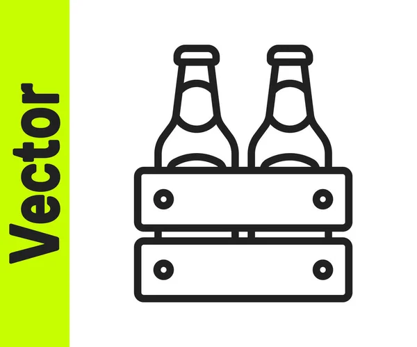 Línea negra Pack de botellas de cerveza icono aislado sobre fondo blanco. Caja de madera y botellas de cerveza. Cartel de caja de cerveza caja de caja. Vector — Vector de stock