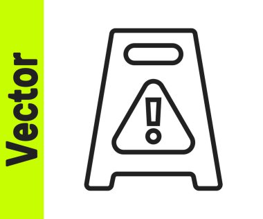 Siyah çizgi ıslak zemin ve temizleme işlemi simgesi beyaz arka planda izole edildi. Temizlik hizmeti konsepti. Vektör