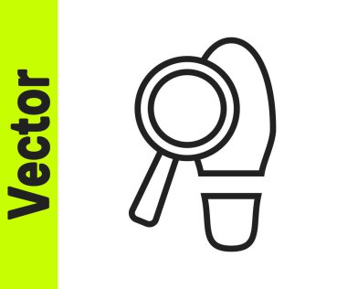 Beyaz arka planda izole edilmiş ayak izi simgesi olan siyah çizgi büyüteç. Dedektif araştırıyor. Ayak izlerini takip etmek için. Vektör