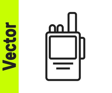 Beyaz arkaplanda siyah çizgi telsiz ikonu izole edildi. Taşınabilir radyo vericisi simgesi. Radyo alıcı-vericisi işareti. Vektör