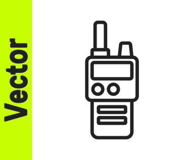 Beyaz arkaplanda siyah çizgi telsiz ikonu izole edildi. Taşınabilir radyo vericisi simgesi. Radyo alıcı-vericisi işareti. Vektör