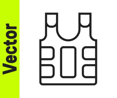 Beyaz arka planda izole edilmiş kurşun ikonundan korunmak için siyah çizgili kurşun geçirmez yelek. Vücut zırhı işareti. Askeri kıyafetler. Vektör