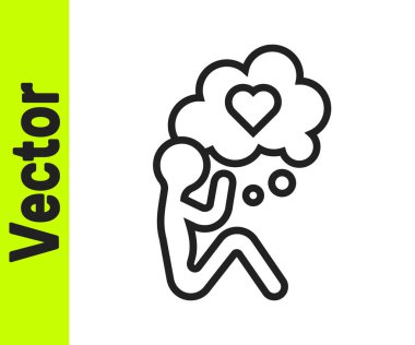 Beyaz arka planda izole edilmiş kalp ikonu olan siyah çizgi insan kafası. İnsan kafasıyla aşk kavramı. Vektör