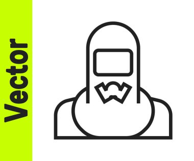 Beyaz arka planda izole edilmiş koruyucu giysi ikonu giyen siyah çizgi Nükleer Santral çalışanı. Nükleer reaktör işçisi. Vektör