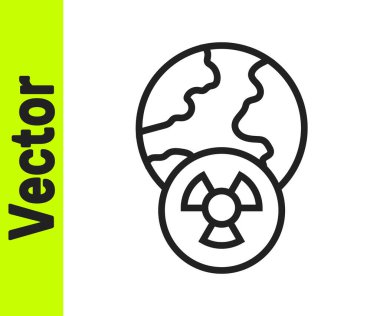 Siyah çizgi Gezegen Dünya ve beyaz arka planda izole edilmiş radyasyon sembolü. Çevresel konsept. Vektör