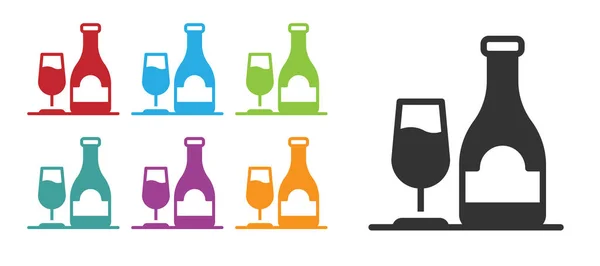 Garrafa de vinho preto com ícone de vidro isolado no fundo branco. Definir ícones coloridos. Vetor — Vetor de Stock