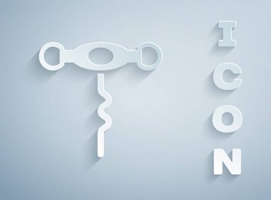 Kağıt kesiği şarap tirbuşonu simgesi gri arka planda izole edilmiş. Kağıt sanatı tarzı. Vektör