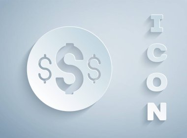 Kağıt kesiği Dolar sembolü simgesi gri arkaplanda izole edildi. Nakit ve para, servet, ödeme sembolü. Kumarhane kumarı. Kağıt sanatı tarzı. Vektör