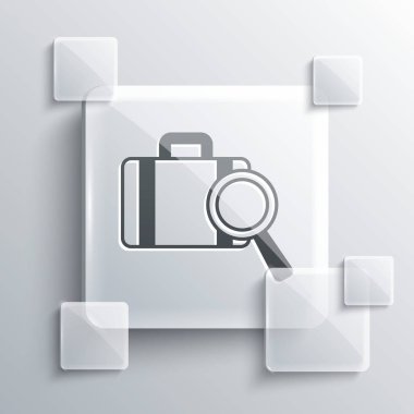 Gri arkaplanda kayıp bagaj ikonu bulma servisi. Bagajları arayın. Kare cam paneller. Vektör