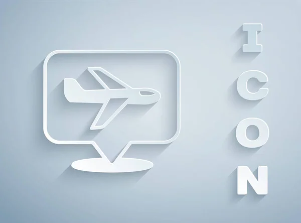 Papírvágású sík ikon elszigetelt szürke háttérrel. Repülő repülő ikon. Repülőgép jel. Papírművészeti stílus. Vektor — Stock Vector