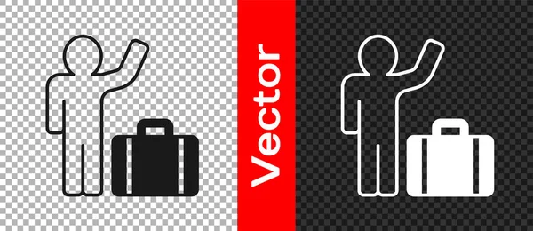 Black Tourist with suitcase icon isolated on transparent background. Travelling, vacation, tourism concept. Vector — Stock Vector