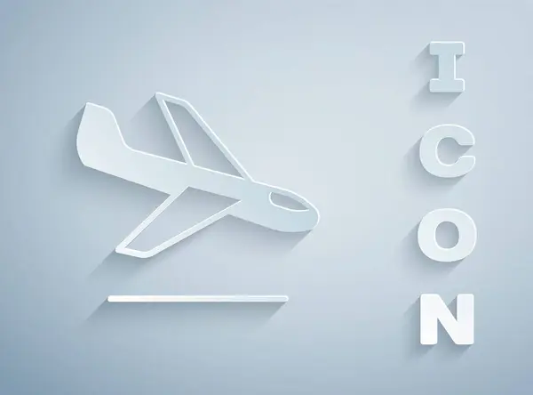 Papel cortado ícone de aterrissagem Avião isolado no fundo cinza. Símbolo de transporte aéreo. Estilo de arte de papel. Vetor —  Vetores de Stock