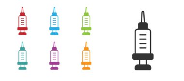 Uyuşturucu ikonuna olan siyah bağımlılık beyaz arka planda izole edilmiş. Eroin, uyuşturucu, bağımlılık, yasadışı. Elinde şırınga ve ilaç olan hasta bir keş. Simgeleri renklendirin. Vektör