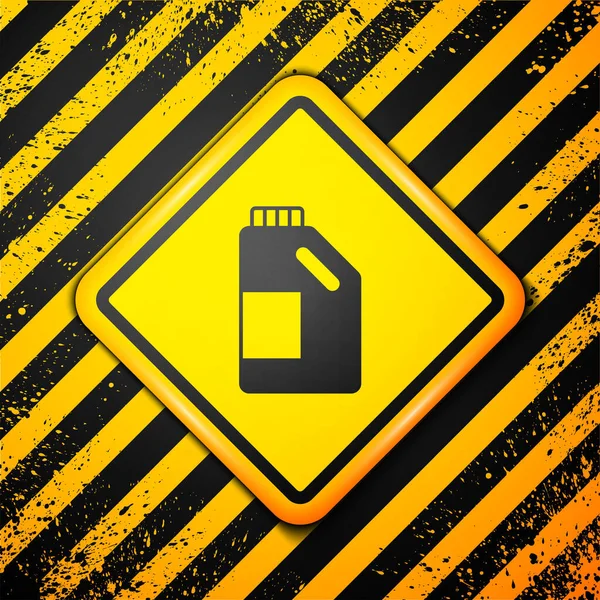 洗濯洗剤、漂白剤、食器洗浄液、または黄色の背景に隔離された別の洗浄剤アイコンのための黒いプラスチックボトル。警告サインだ。ベクトル — ストックベクタ
