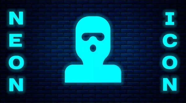 Parlayan neon rengi Hırsız maskesi simgesi tuğla duvar arkasında izole edilmiş. Haydut maskesi, suçlu adam. Vektör — Stok Vektör