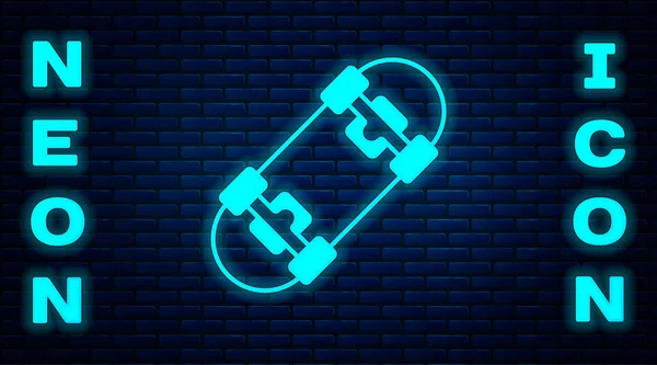 Gloeiende neon Skateboard icoon geïsoleerd op bakstenen muur achtergrond. Extreme sport. Sportuitrusting. Vector — Stockvector