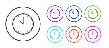 Siyah çizgi saat simgesi beyaz arkaplanda izole edildi. Zaman sembolü. Simgeleri renklendirin. Vektör